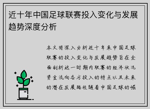 近十年中国足球联赛投入变化与发展趋势深度分析