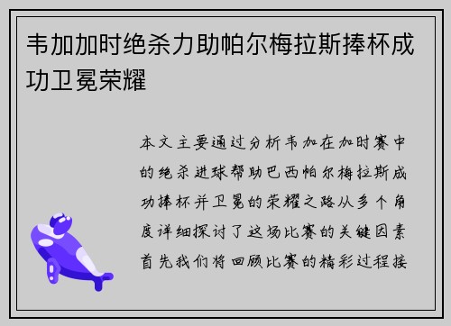 韦加加时绝杀力助帕尔梅拉斯捧杯成功卫冕荣耀