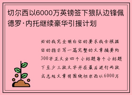 切尔西以6000万英镑签下狼队边锋佩德罗·内托继续豪华引援计划
