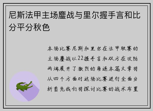 尼斯法甲主场鏖战与里尔握手言和比分平分秋色 尼斯法甲主场鏖战与里尔握手言和比分平分秋色